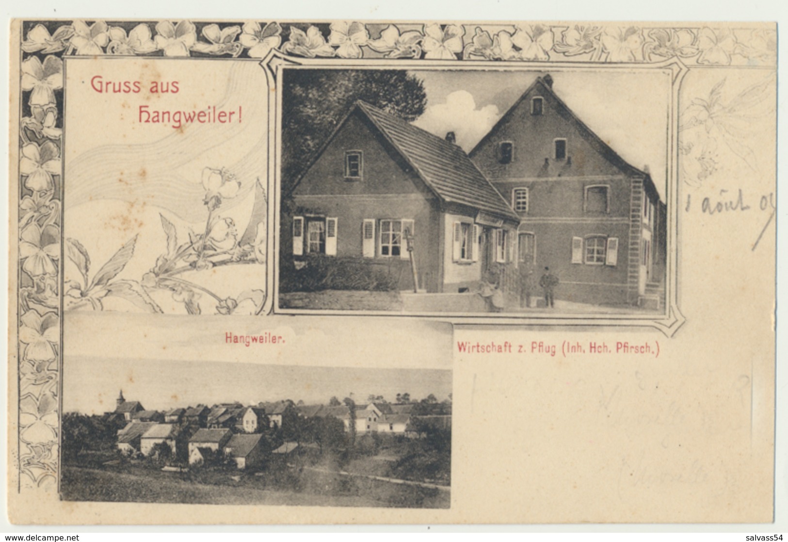 57) Gruss Aus Hangweiler ! (août 1905) - Hangviller : Wirtschaft Z. Pflug (Inh. Hoh. Pfirsch) - Autres & Non Classés