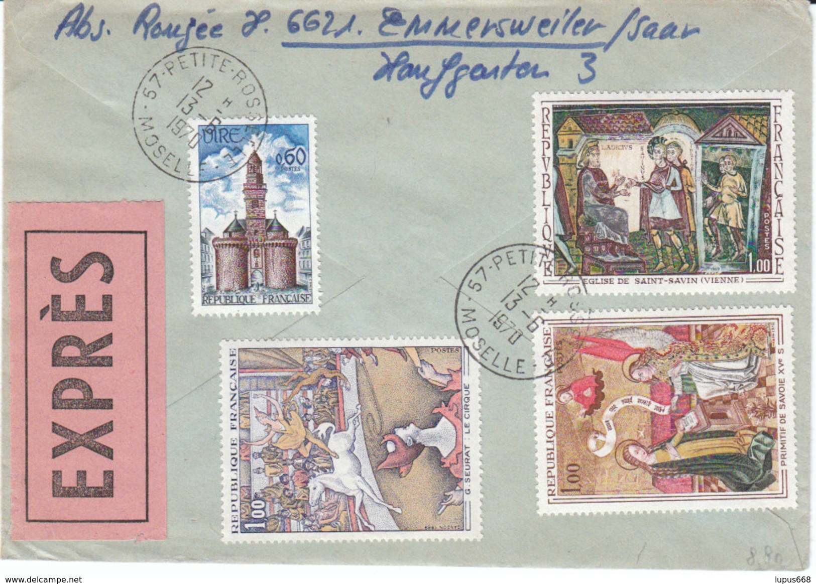 Frankreich (1967-) 1970   Einschreiben + Express  Von PETITE- ROSSELLE Nach Deutschland - Lettres & Documents