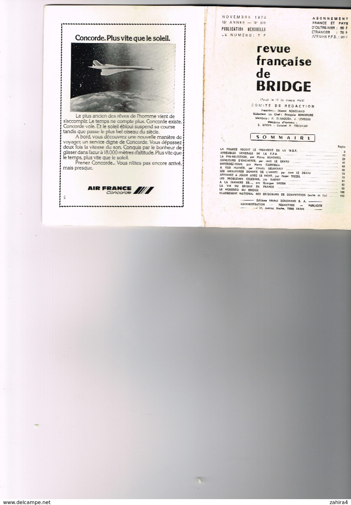 Revue Française De Bridge N° 219 M.Bongrand F.Bonhoure Belle Pub Concorde D'Air France Pub Tabac Cigarette Philip Morris - Giochi Di Società