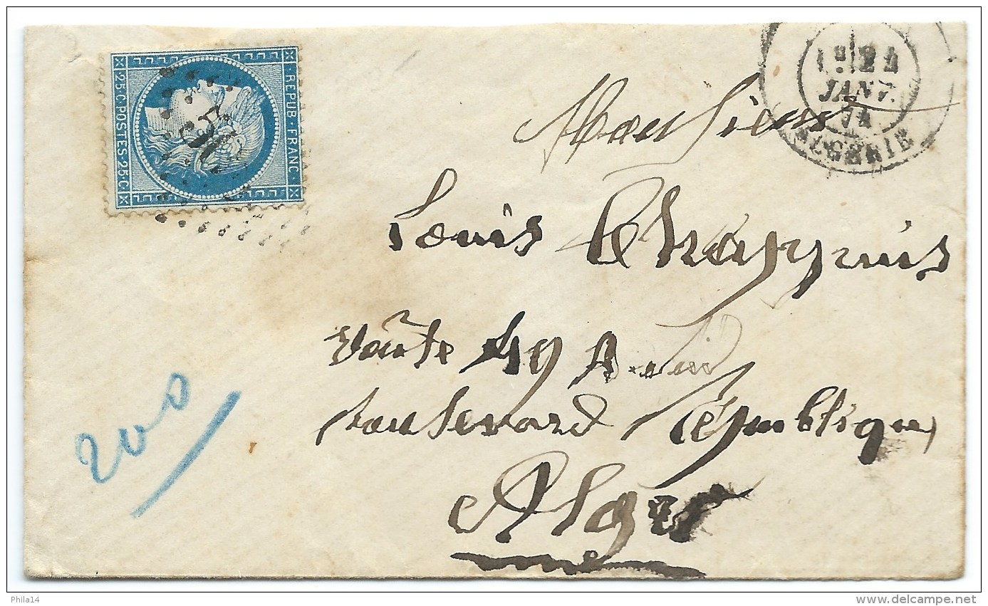 N° 60 BLEU CERES SUR LETTRE /  ALGERIE POUR ALGER 1874 - 1849-1876: Période Classique