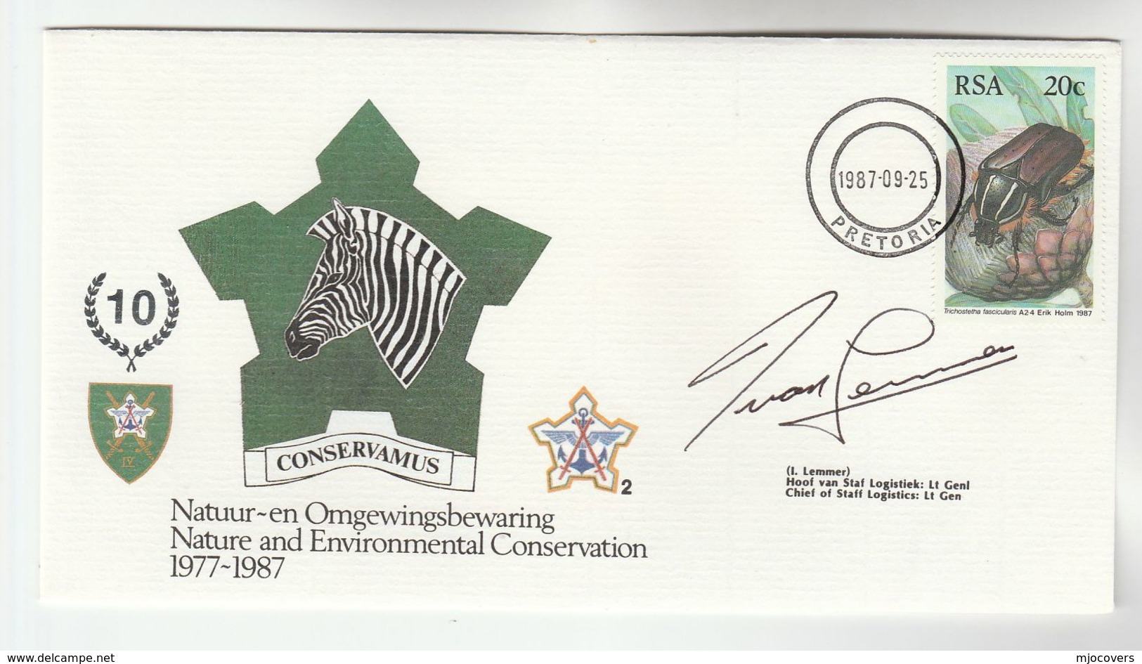 SIGNED - LT Gen CHIEF OF STAFF LOGISTICS SADF EVENT COVER - NATURE CONSERVATION In SADF Beetle Stamps Insect South Afric - Lettres & Documents