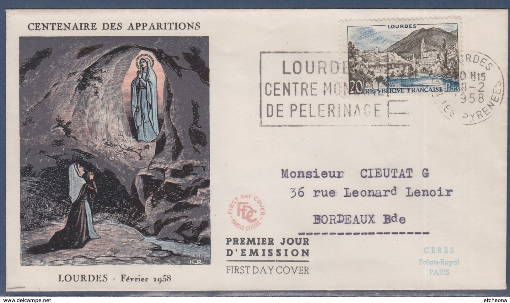 = Enveloppe Flamme Lourdes Centre Mondial De Pèlerinage 28.2.58 N°1150, La Grotte, Le Gave Et La Basilique - Maschinenstempel (Werbestempel)