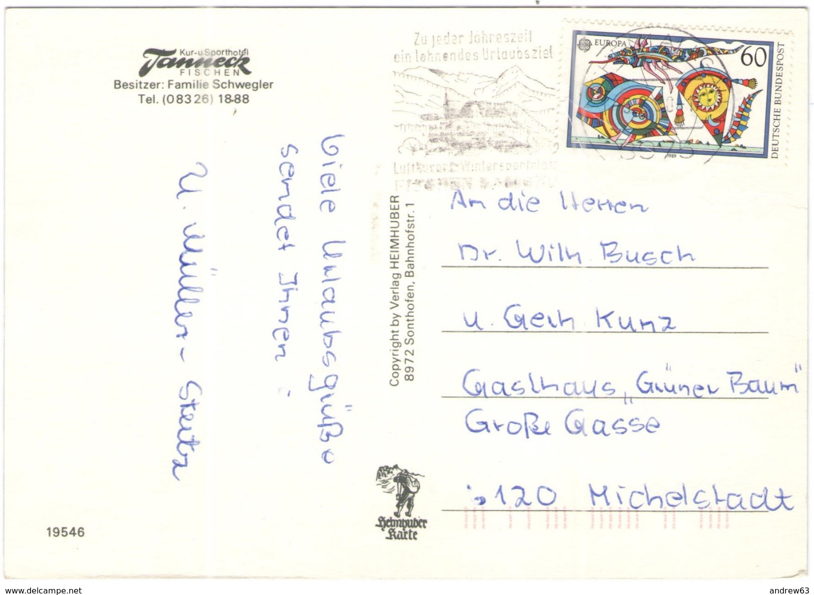 GERMANIA - GERMANY - Deutschland - ALLEMAGNE - BUNDESPOST - 1990 - 60 Europa Cept + Flamme - Kur-u.Sport Hotel Tanneck, - Fischen