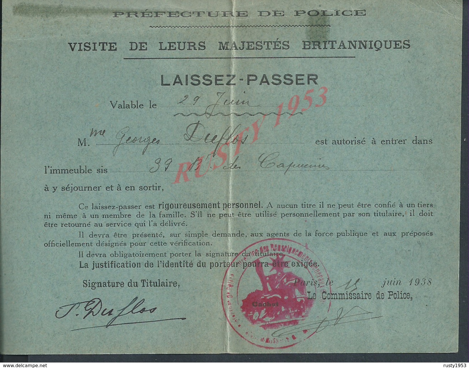 TRES RARE LAISSEZ PASSEZ PREFECTURE DE POLICE AVEC CACHET DE PARIS SA MAJESTÉS BRITANNIQUES POUR Mr GEORGES DUFLOS 1938 - Police & Gendarmerie