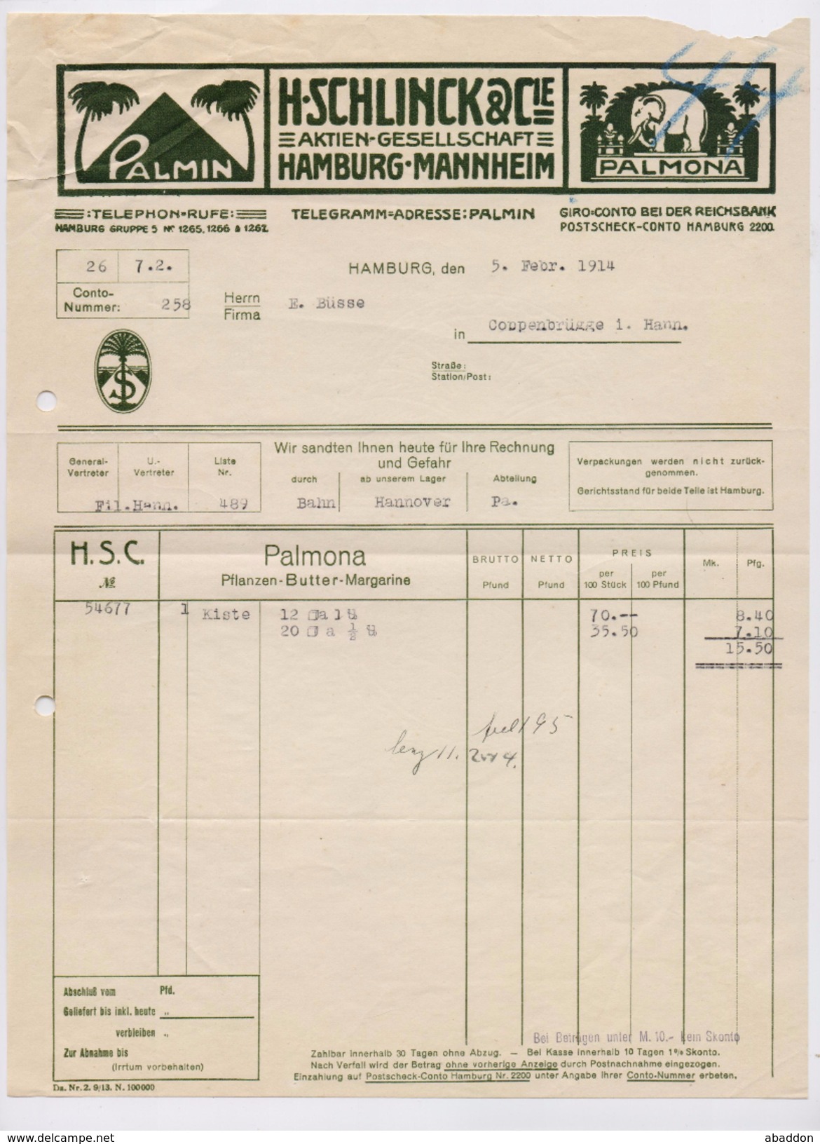 RECHNUNG Schlinck Palmin & Palmona HAMBURG COPPENBRÜGGE Jahrgang 1914 Firmenpost - 1900 – 1949