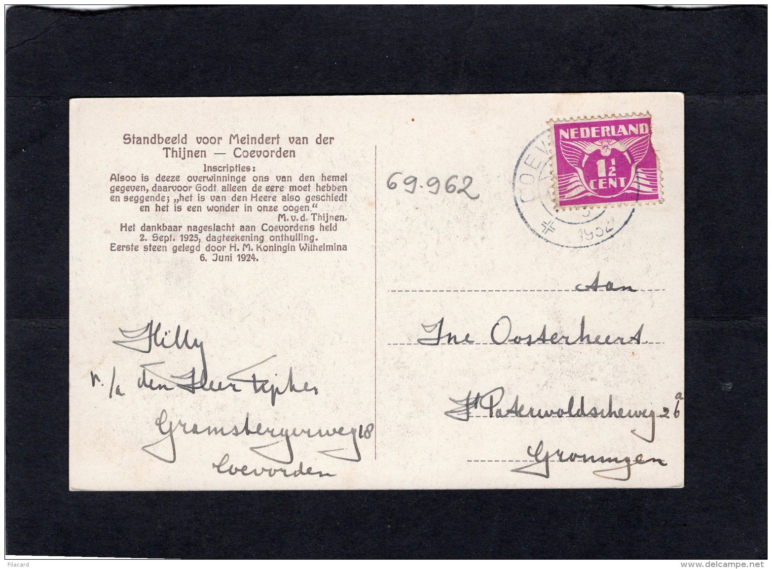 69962   Paesi  Bassi,   Standbeeld Voor Meindert Van Der Thijnen,  Coevorden,  VG  1932 - Coevorden