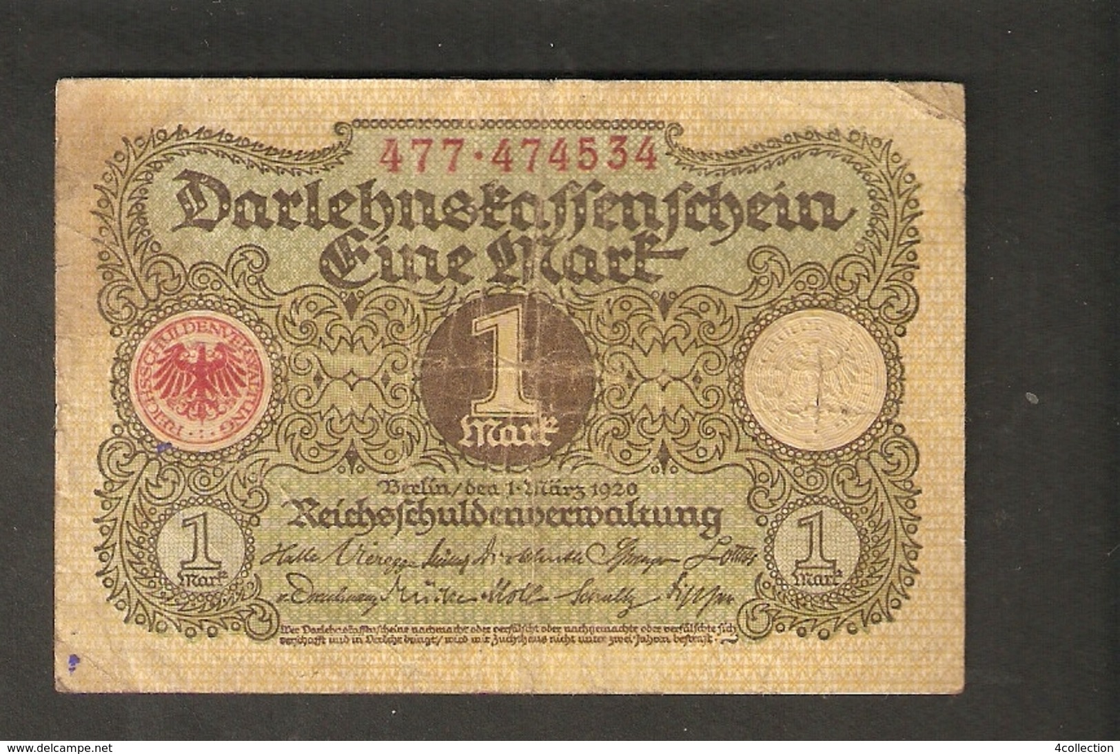 Pa. Germany Weimar Republic Darlehenskassenschein 1 MARK 1920 - # 477 . 474534 - 1 Mark