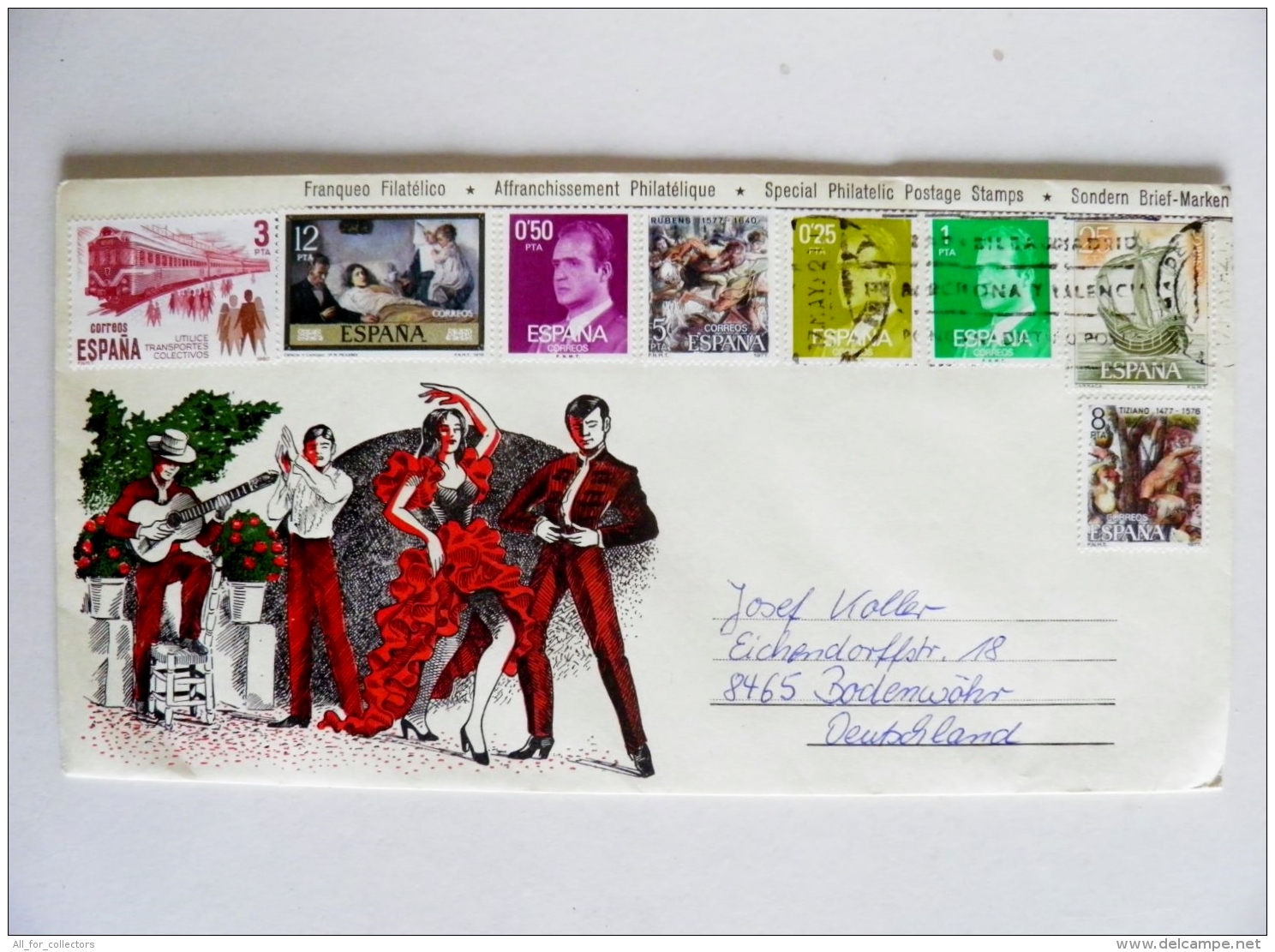 Cover From Spain 1982 Flamingo Carmen Dance Musical Instrument Guitar 8 Post Stamps - Cartas & Documentos