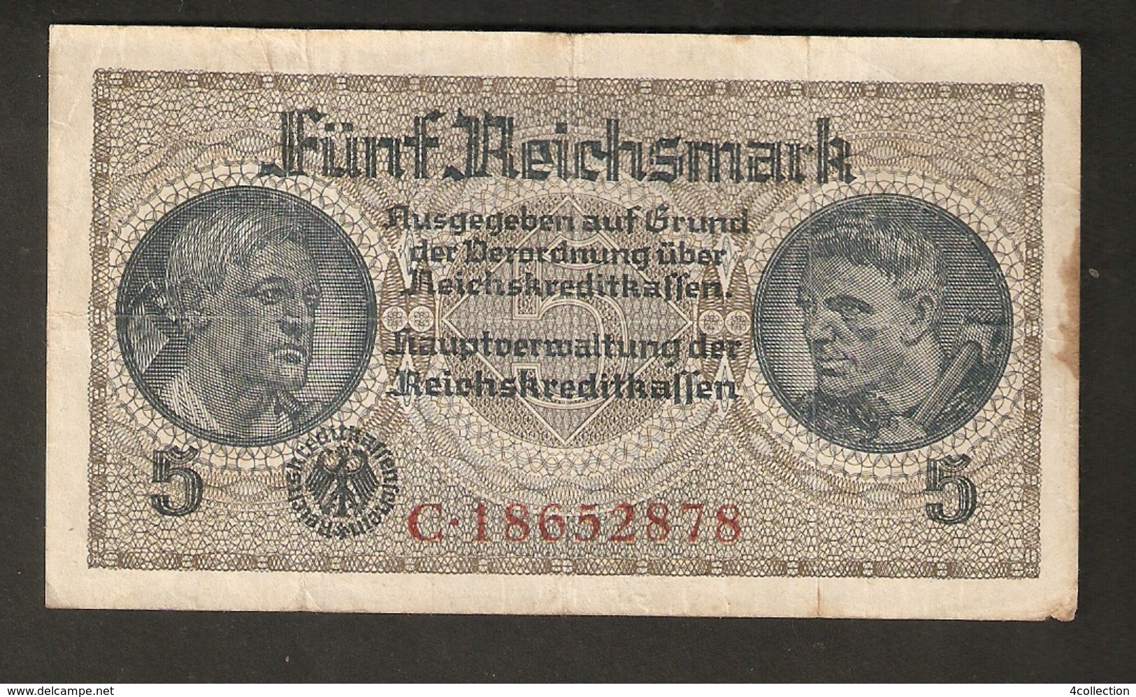 Pa. Germany WWII Third Reich REICHSKREDITKASSEN 5 REICHSMARK 1940 - 1945 8 Digit Serial # C 18652878 - 5 Reichsmark