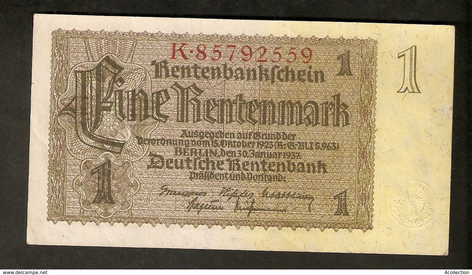Pa. Germany WWII Third Reich Rentenbankschein 1 RENTENMARK 1937 8 Digit Serial # K 85792559 - Sonstige & Ohne Zuordnung