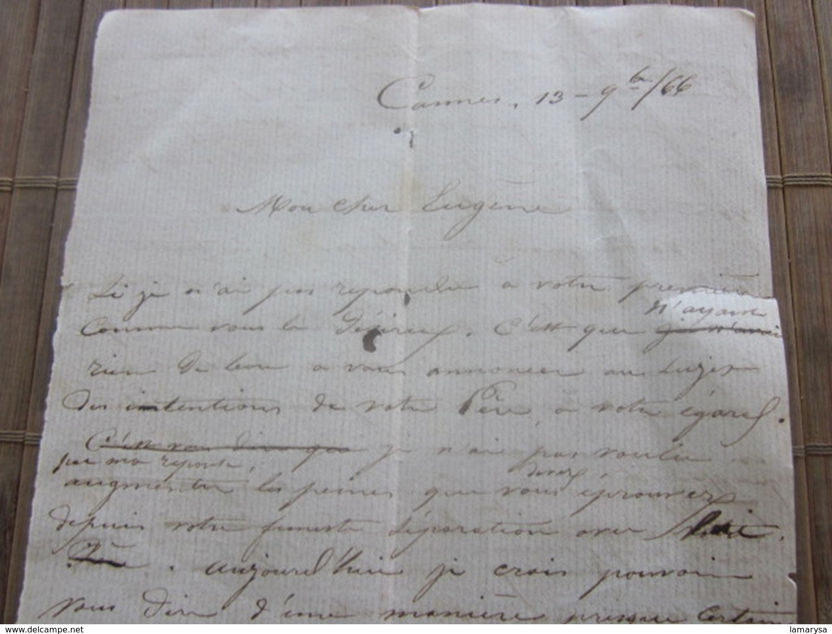 CANNES 19-9-1866 Manuscrit Bill Of Lading Connaissement  Lettre à Eugéne Capitaine Lire .... - Manuscrits