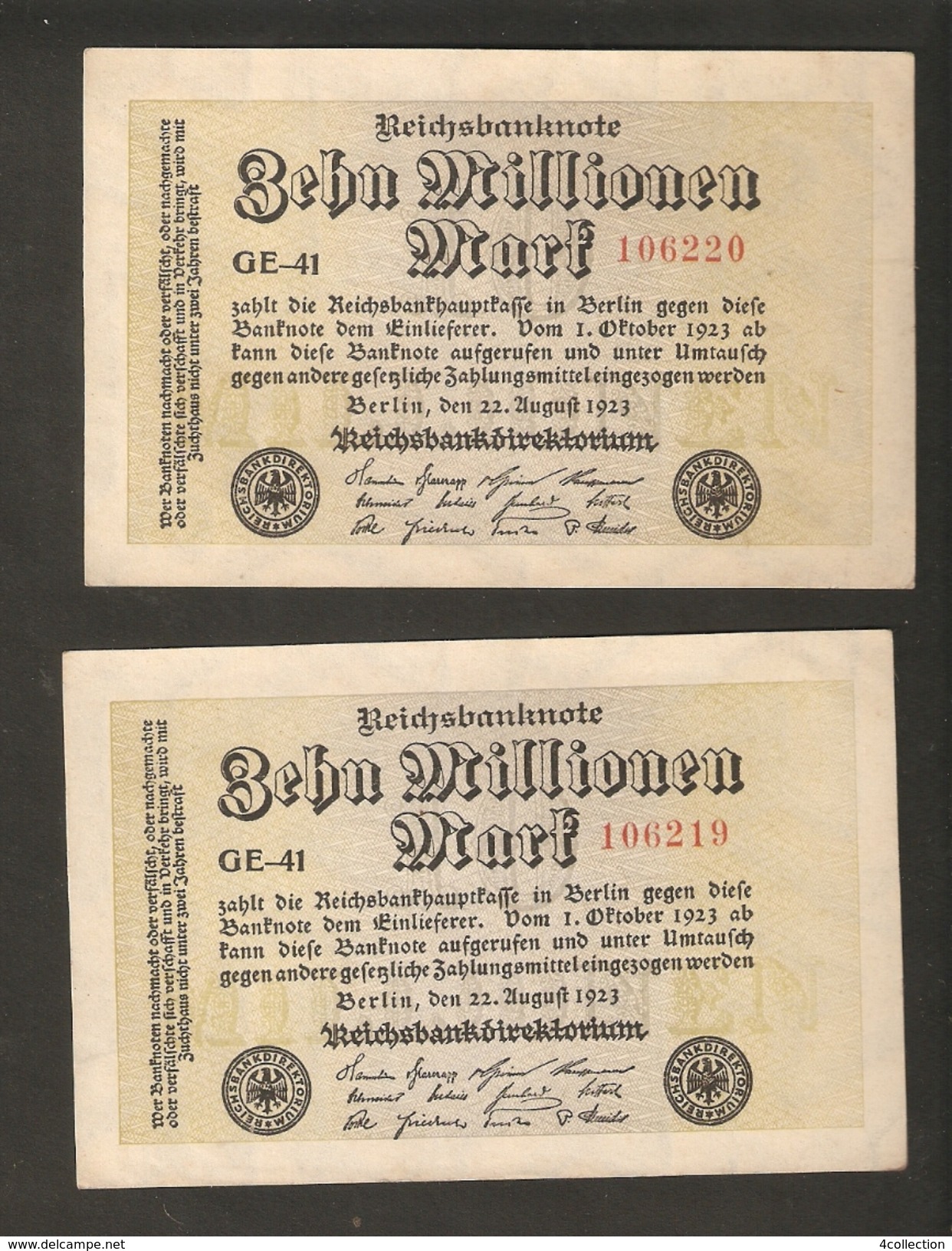 Pa. Germany Weimar Reichsbanknote 10 Millionen Mark 1923 Consecutive Serial # 106219 # 106220 - Watermark G/D In Stars - 10 Millionen Mark