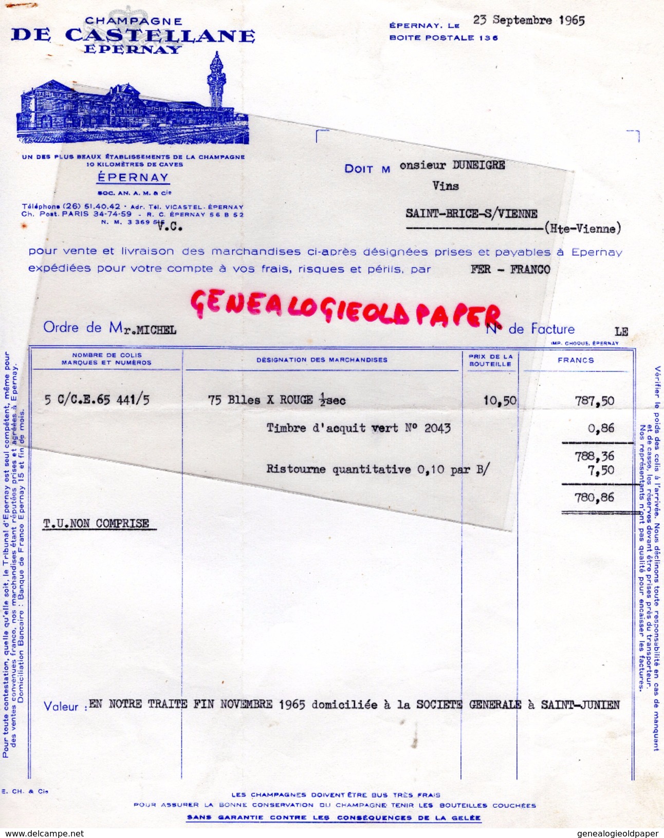 51 - EPERNAY - FACTURE CHAMPAGNE DE CASTELLANE -1965 - 1950 - ...