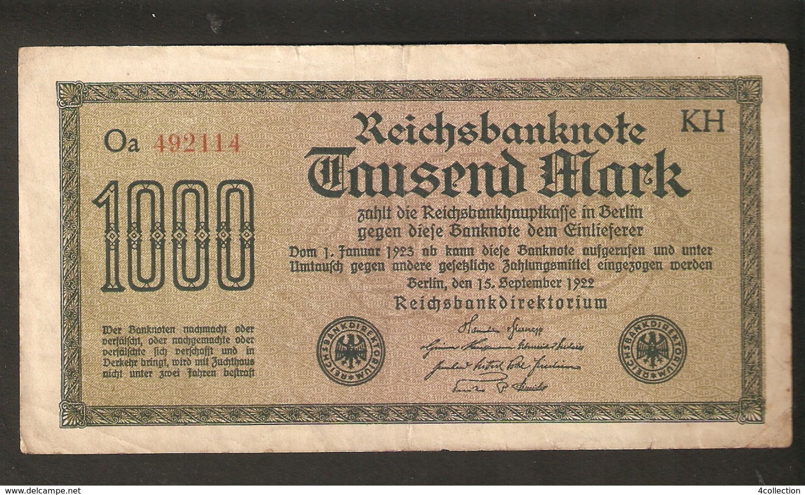 Pa. Germany Weimar Reichsbanknote 1000 Mark 15.9. 1922 - Watermark H - Ser. Oa 492114 Code KH - KM: 76f - 10 Mio. Mark