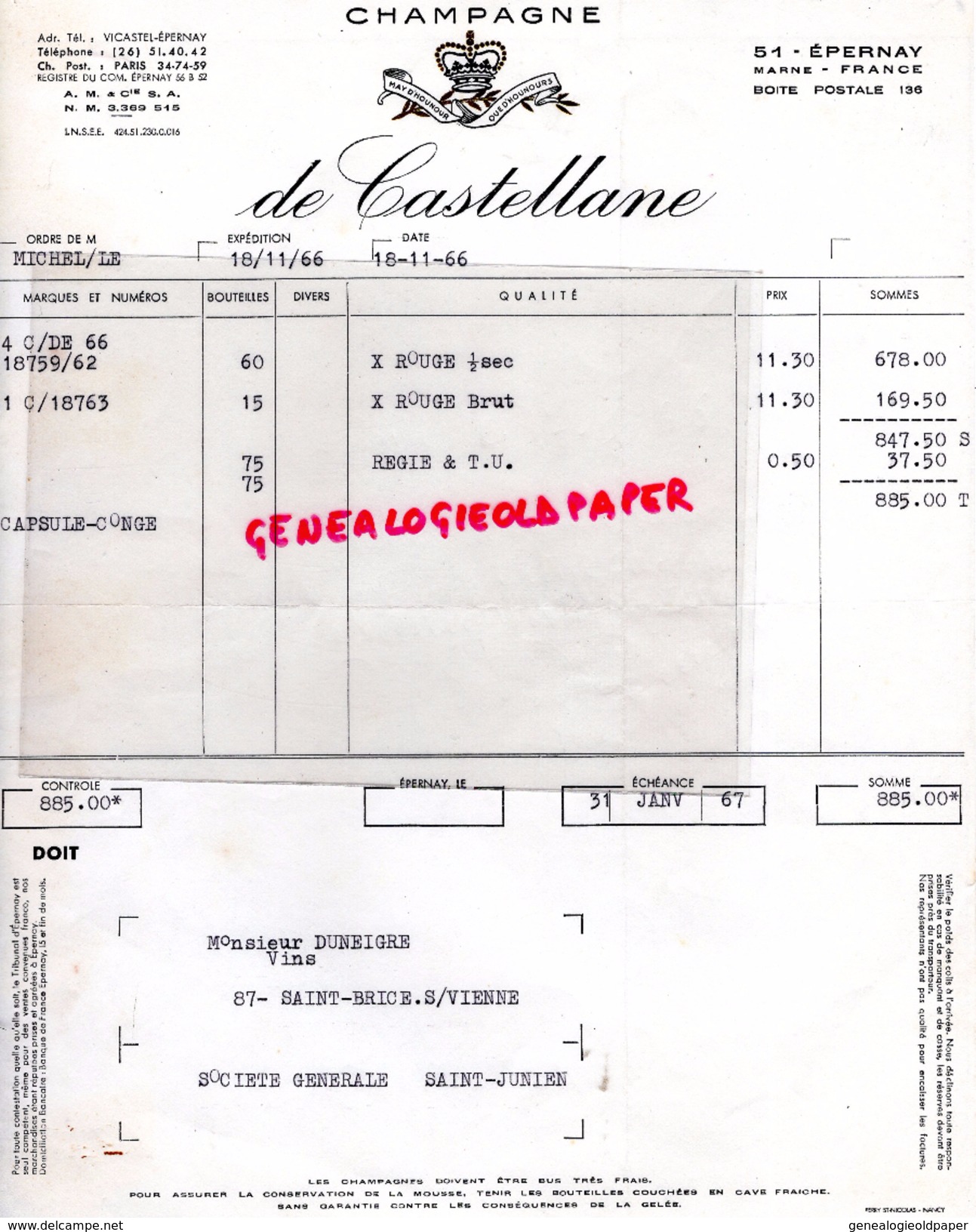 51 - EPERNAY - FACTURE CHAMPAGNE DE CASTELLANE - 1966 - 1950 - ...