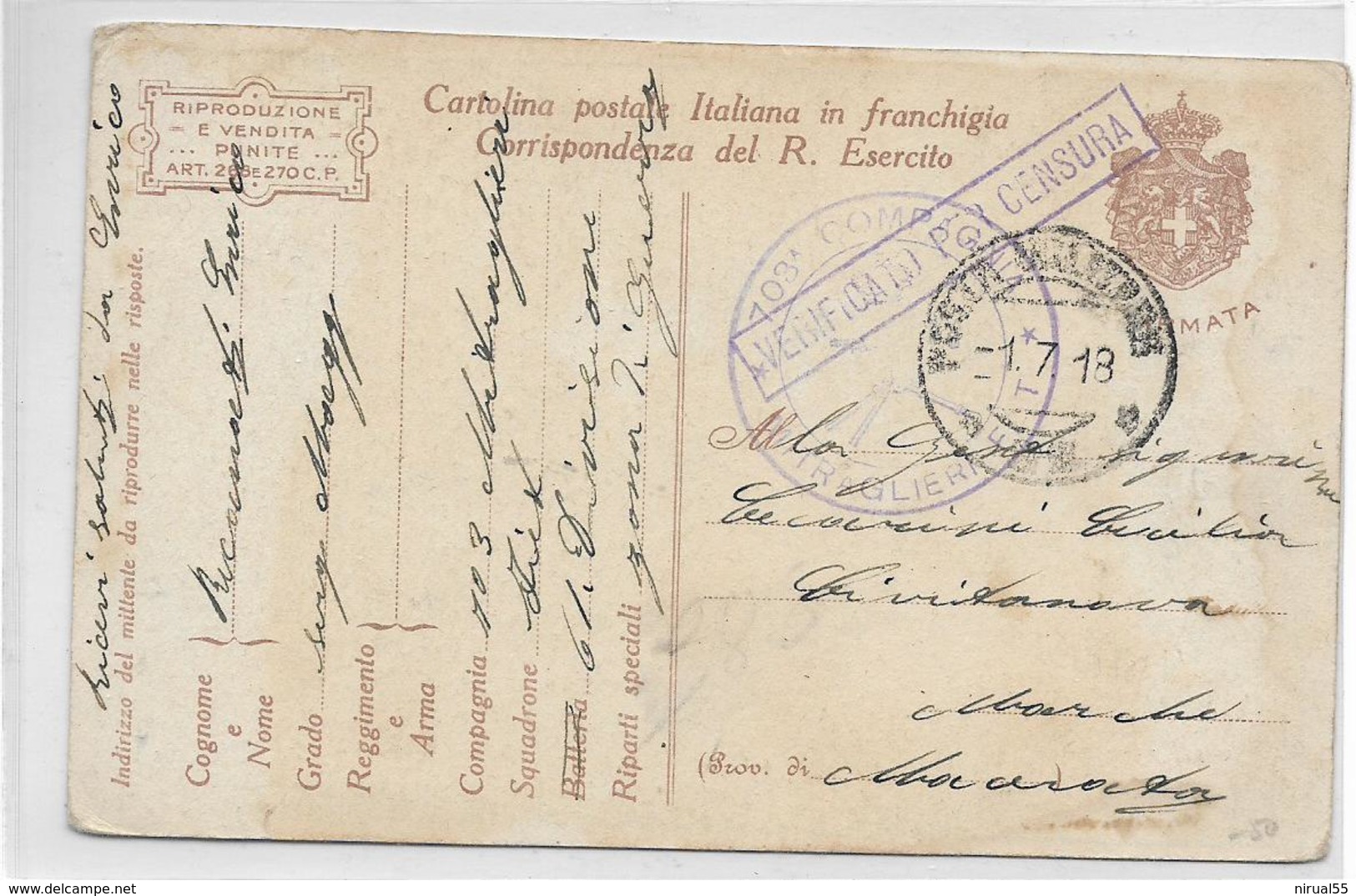 Guerre 14 18 Sur Entier Italie Censure Violette VERIFICATO PER CENSURA + Cachet Militaire 703 E COMPAGNIA 1918 Sur   .G - Autres & Non Classés