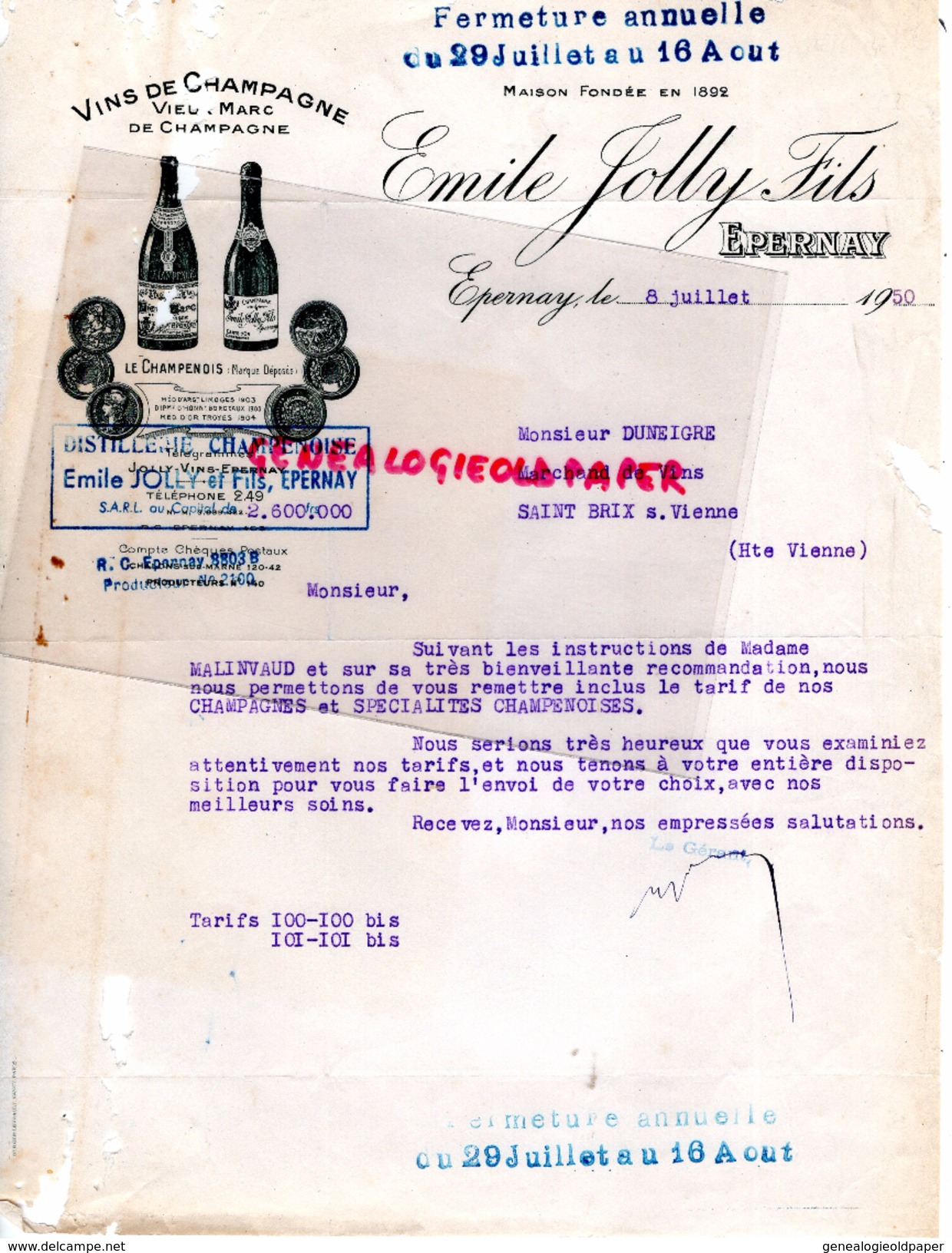 51 - EPERNAY - LETTRE CHAMPAGNE EMILE JOLLY FILS- 1950  LE CHAMPENOIS - Artesanos