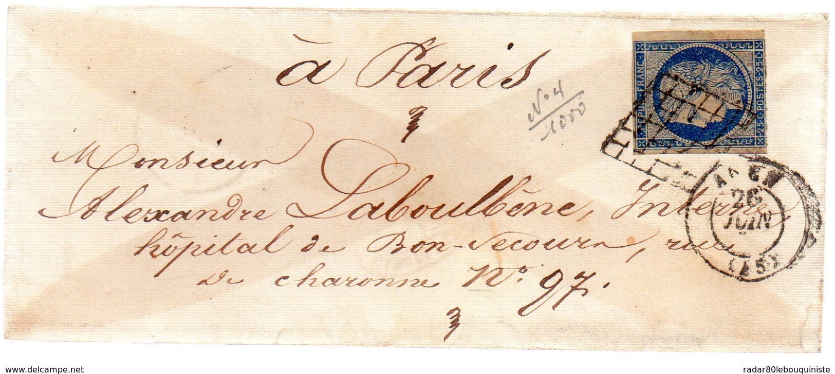XERES 25c Bleu Repub-franc Non Dentelé N°4.GRILLE. NOIRE + Cad AGEN..cad PARIS.1851 - 1849-1876: Période Classique