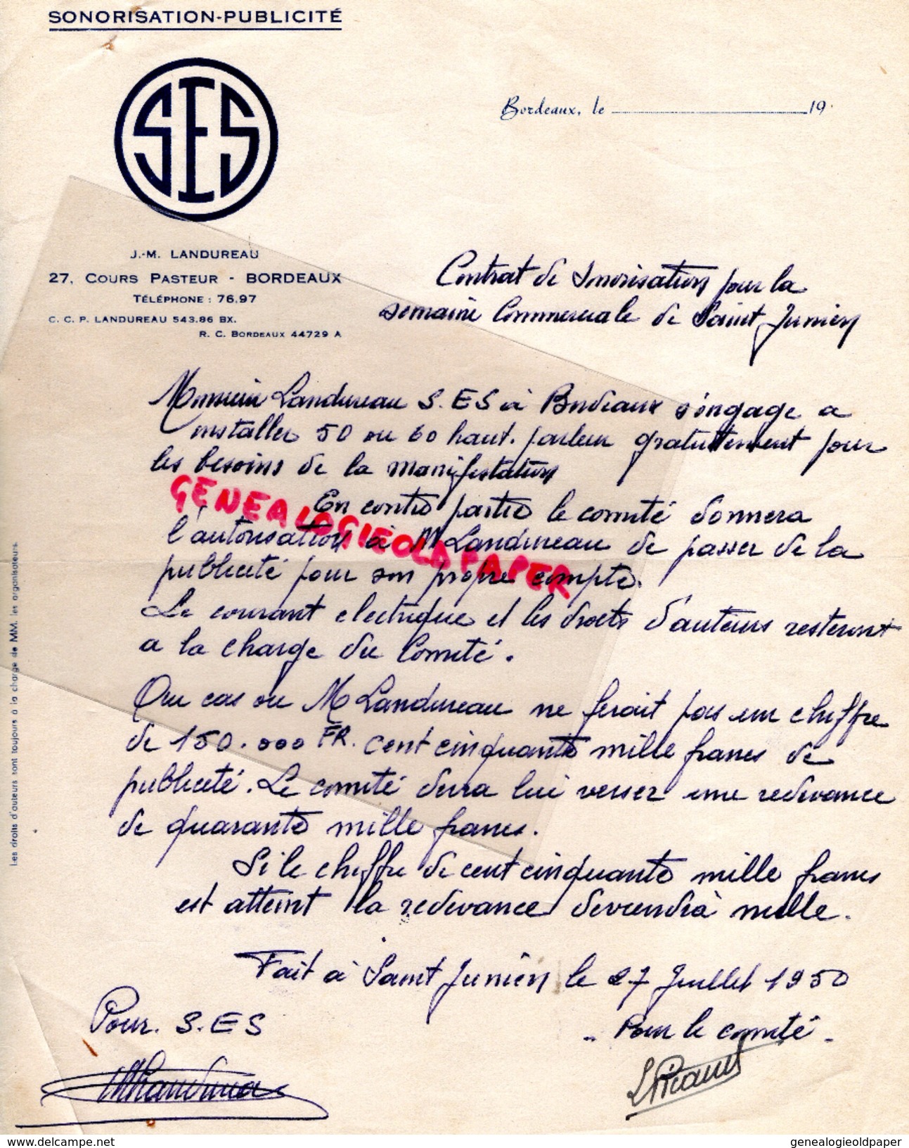 33 - BORDEAUX-LETTRE SES -J.M. LANDUREAU-27 COURS PASTEUR-CONTRAT SONORISATION VILLE ST SAINT JUNIEN- 1950-A M. PICAUD- - 1950 - ...