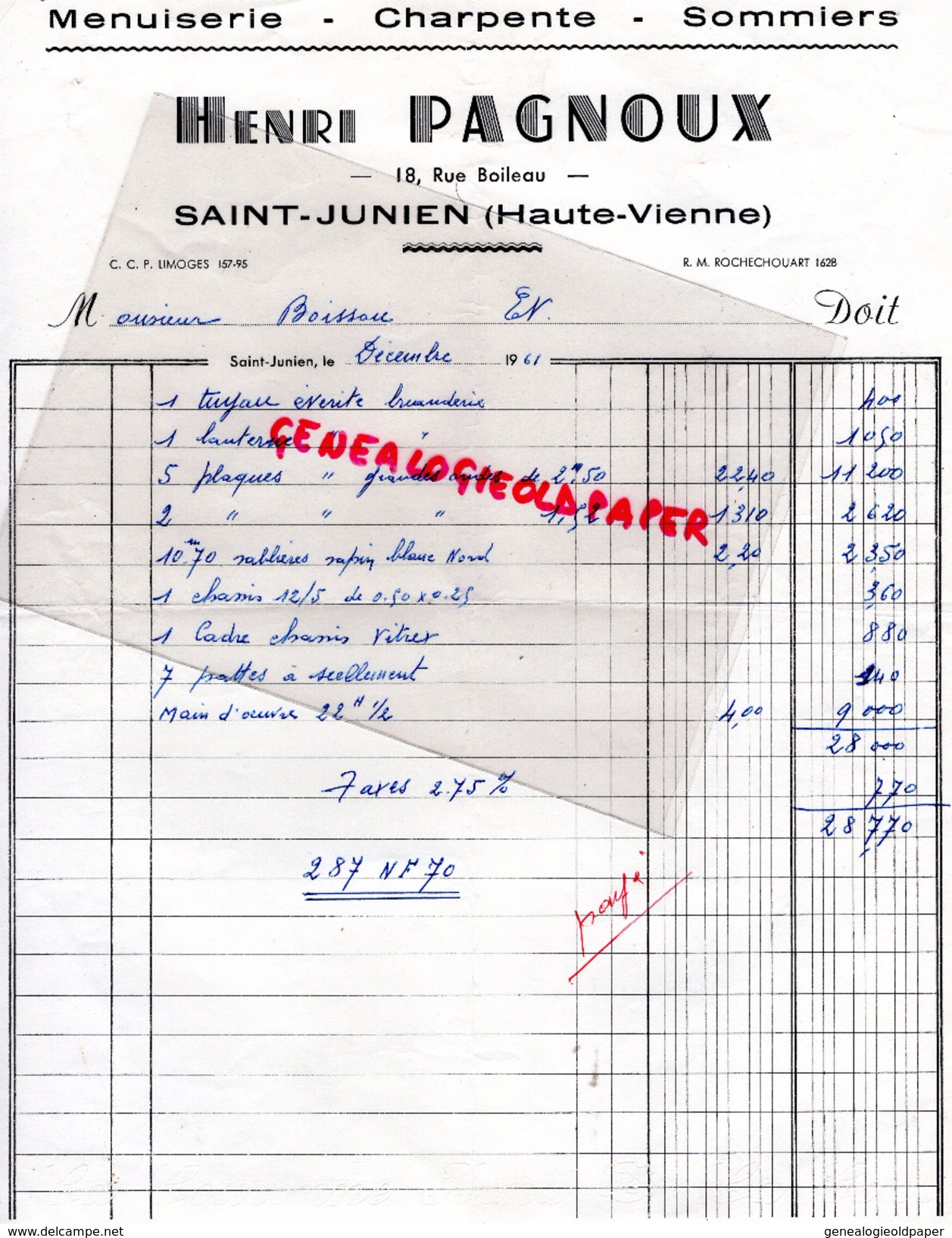 87 - SAINT JUNIEN- FACTURE HENRI PAGNOUX- MENUISERIE CHARPENTE SOMMIERS- 18 RUE BOILEAU- 1961 - 1950 - ...