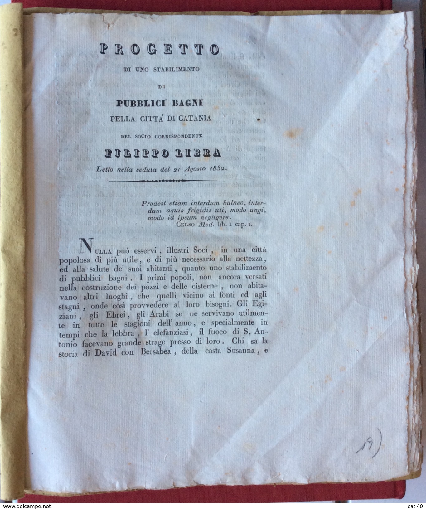 CATANIA 1832 PROGETTO DI UNO STABILIMENTO DI PUBBLICI BAGNI PELLA CITTA' DI CATANIA DI FILIPPO LIBRA ... - Storia, Biografie, Filosofia