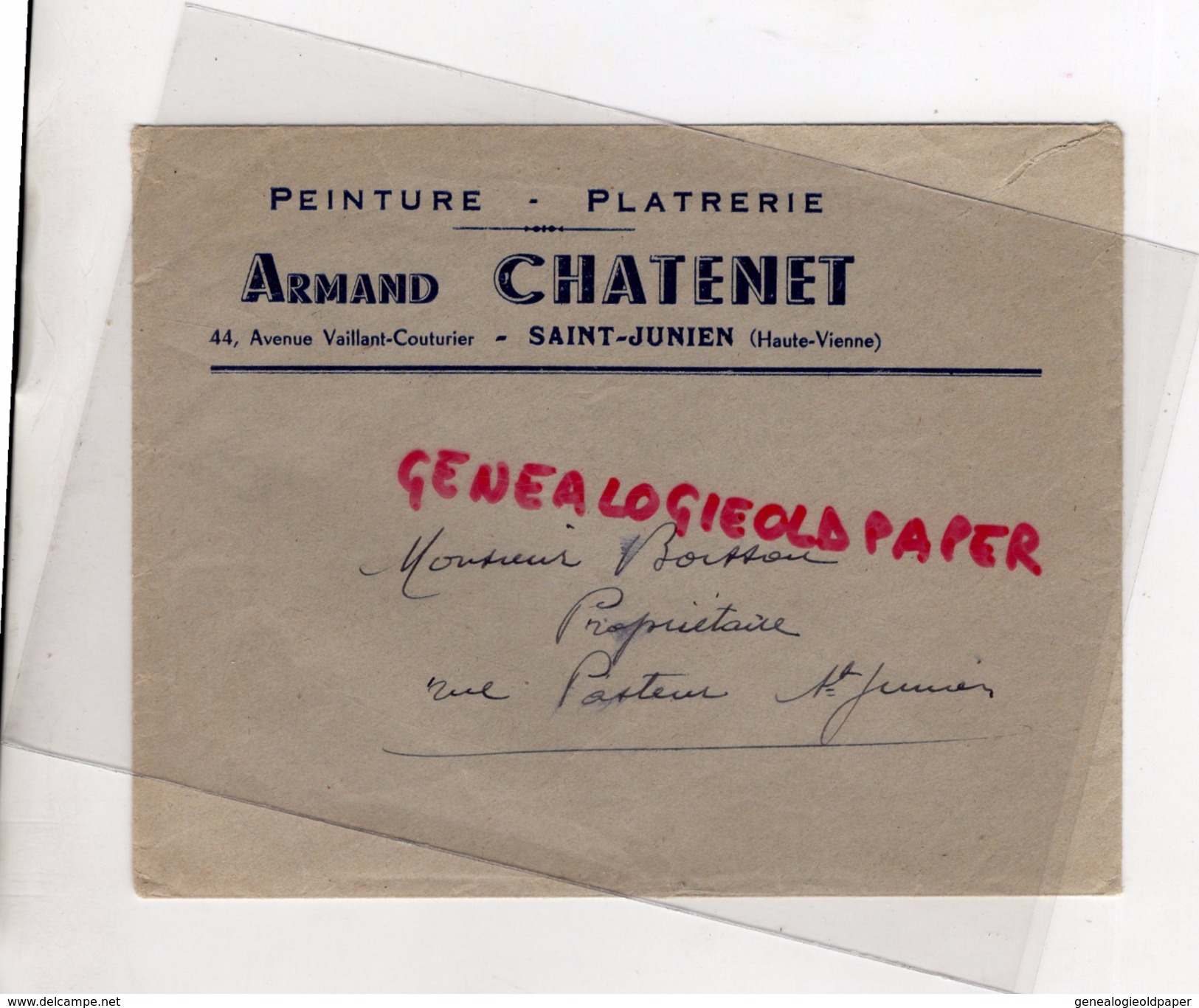 87 - SAINT JUNIEN- ENVELOPPE   ARMAND CHATENET- PEINTURE PLATRERIE- 44 AV. VAILLANT COUTURIER- 1956 - 1950 - ...