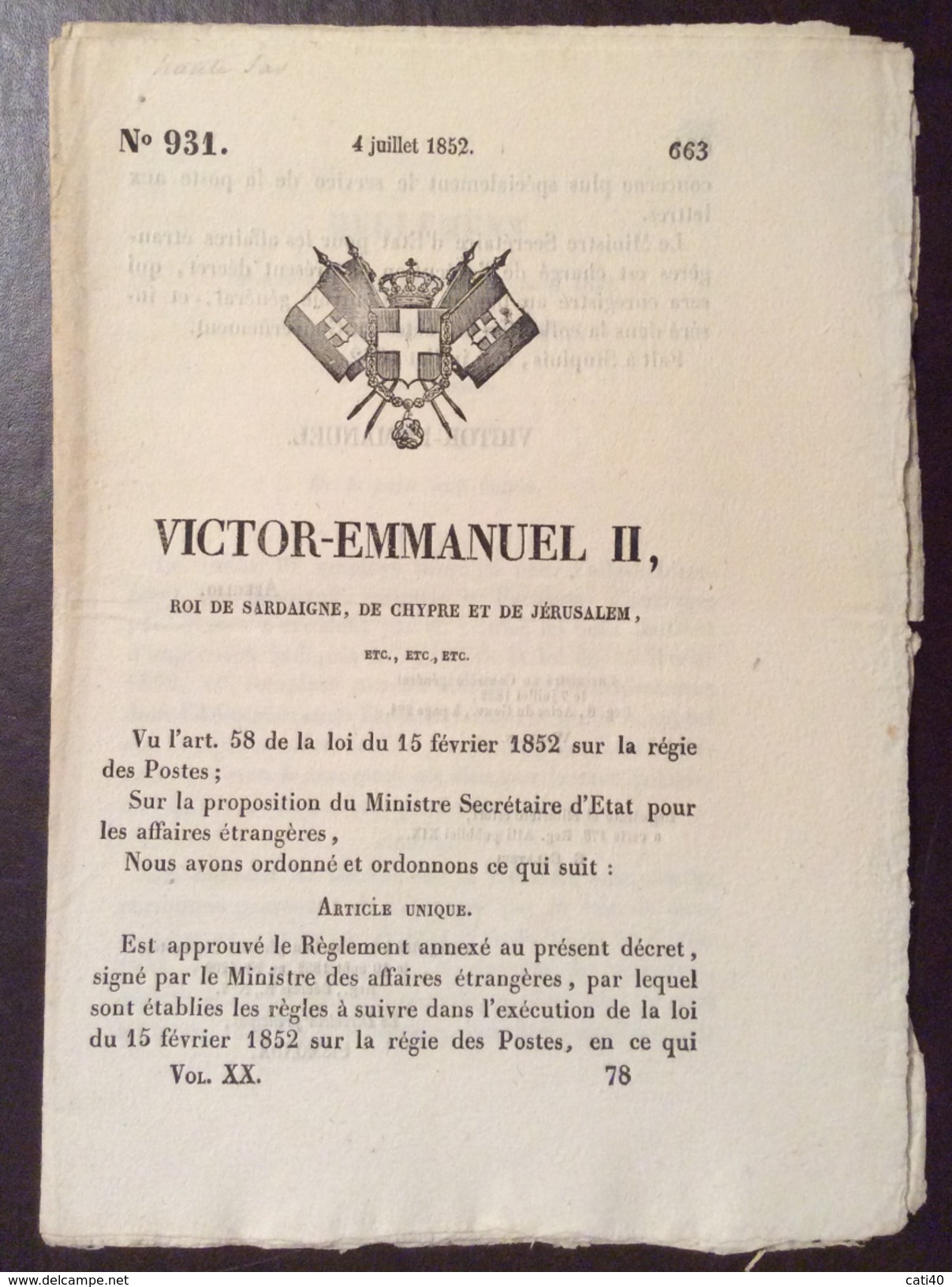 REGNO DI SARDEGNA  1852 DECRETO VITTORIO EMANUELE II SULLE POSTE IN FRANCESE STAMPATO TIP. CHAMBERY - Décrets & Lois