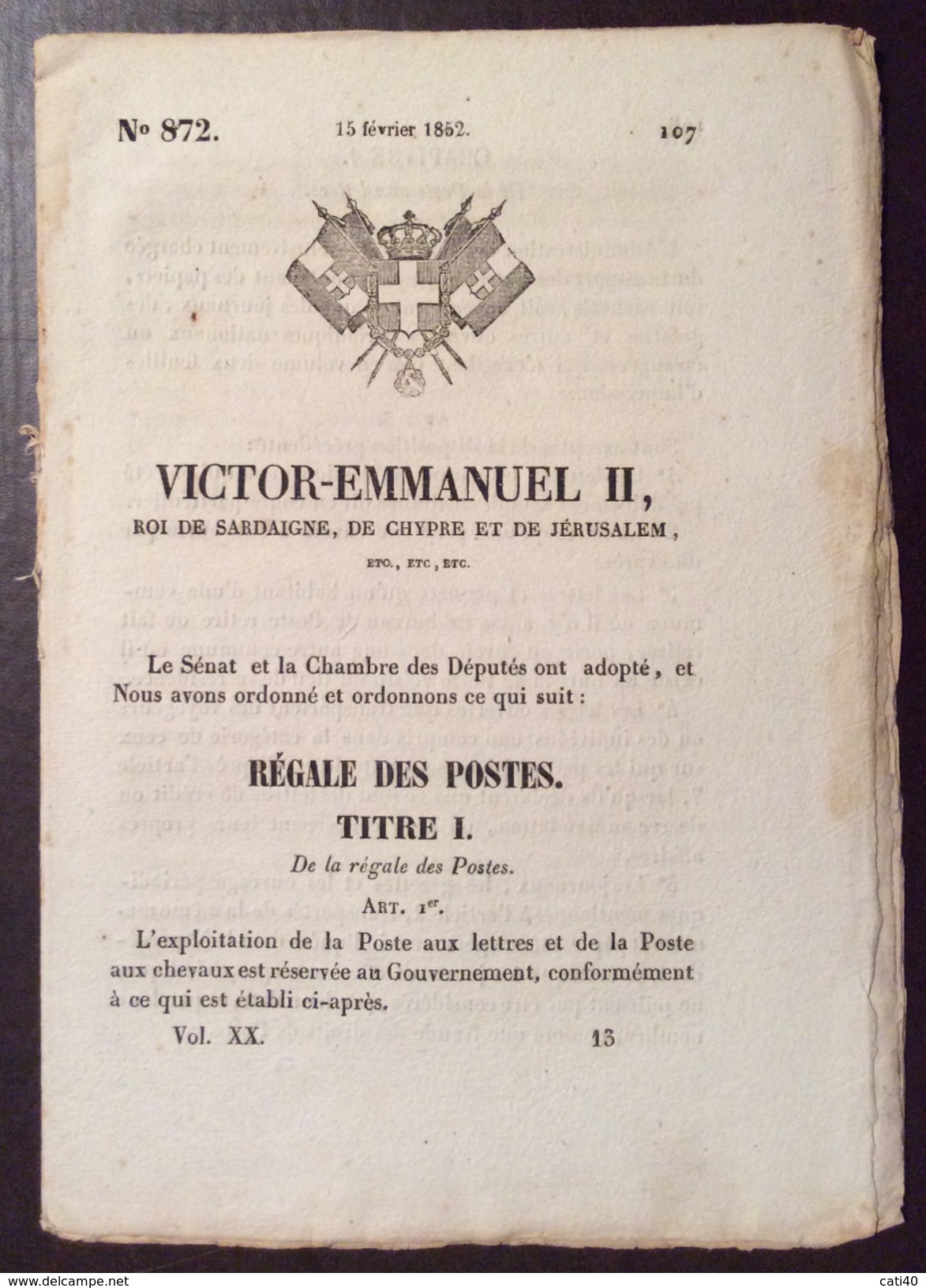 REGNO DI SARDEGNA  1852 DECRETO VITTORIO EMANUELE II SULLE POSTE IN FRANCESE STAMPATO TIP. CHAMBERY - Décrets & Lois