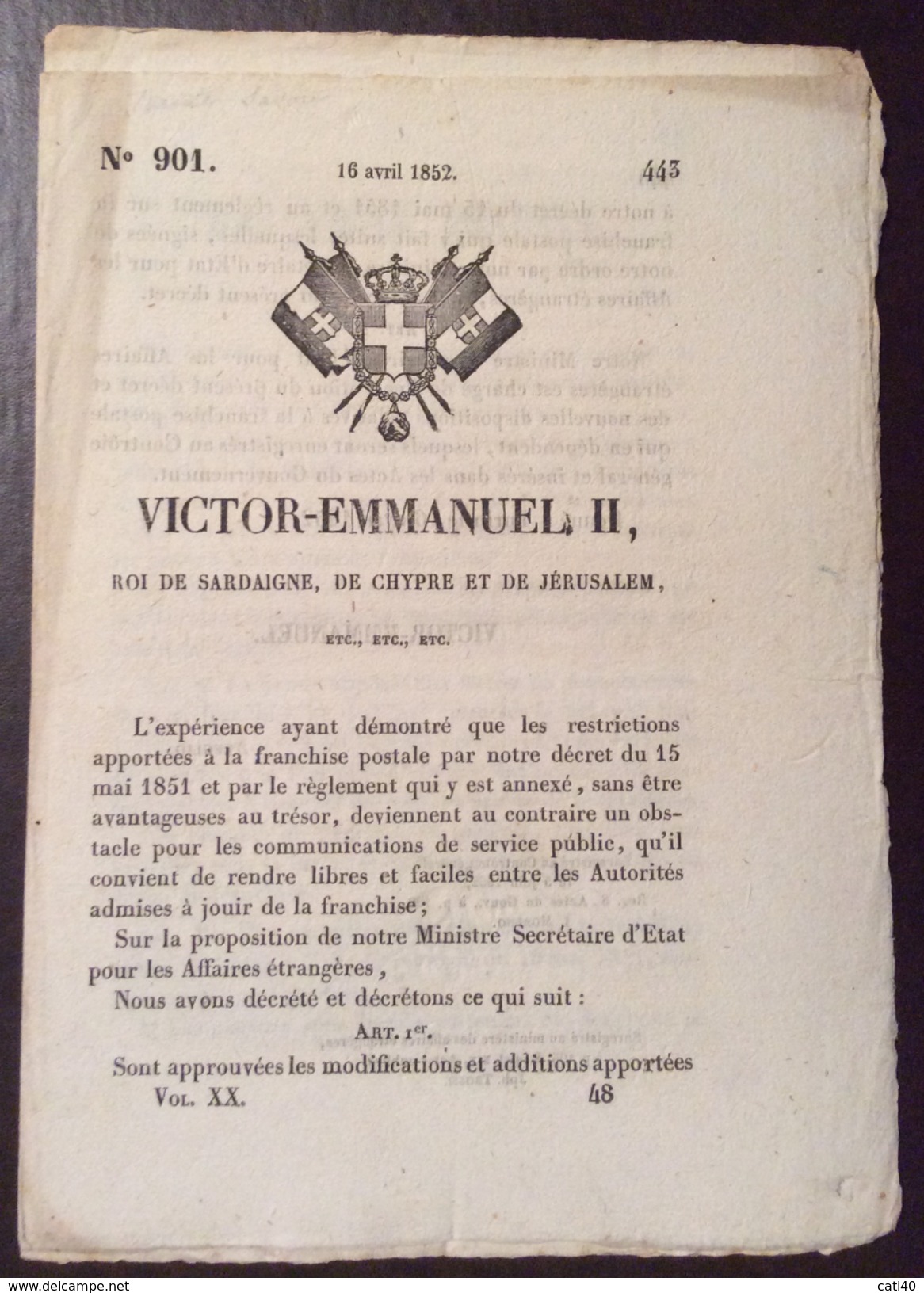 REGNO DI SARDEGNA  1852 DECRETO VITTORIO EMANUELE II SULLE POSTE IN FRANCESE STAMPATO TIP. CHAMBERY - Décrets & Lois