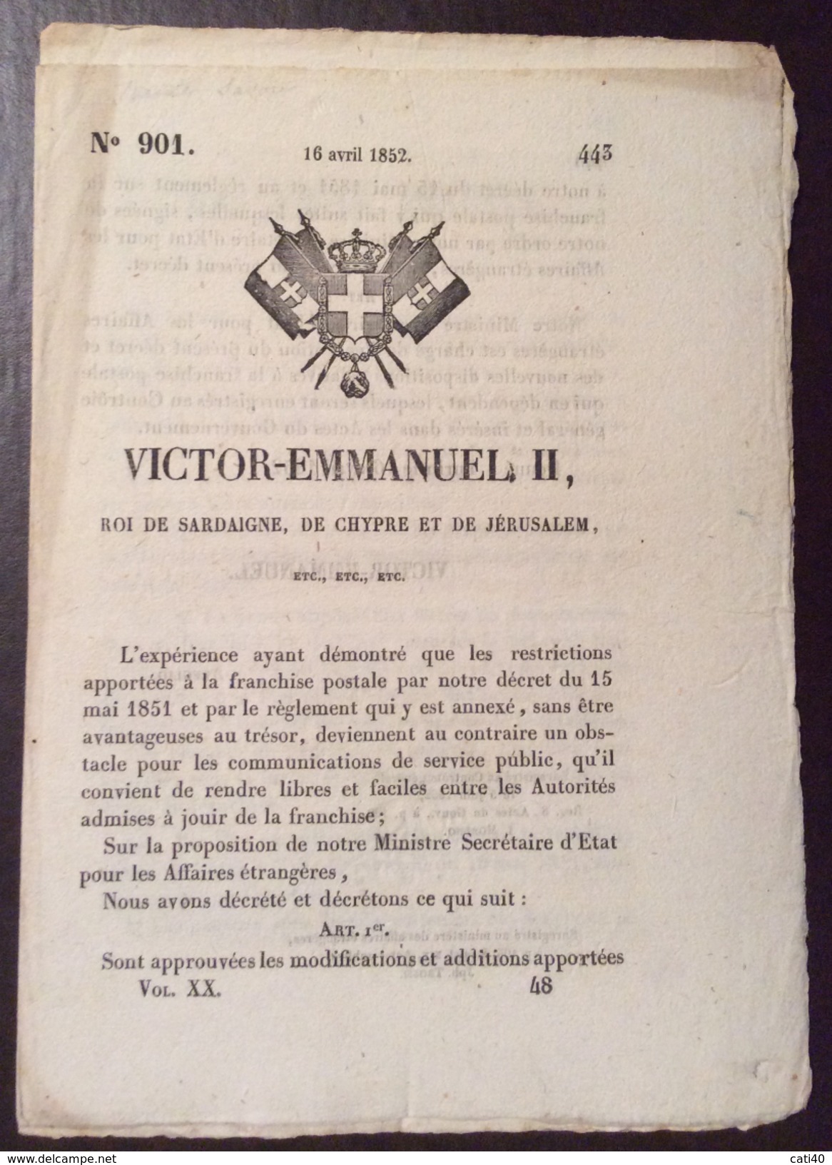 REGNO DI SARDEGNA  1852 DECRETO VITTORIO EMANUELE II SULLE POSTE IN FRANCESE STAMPATO TIP. CHAMBERY - Decreti & Leggi