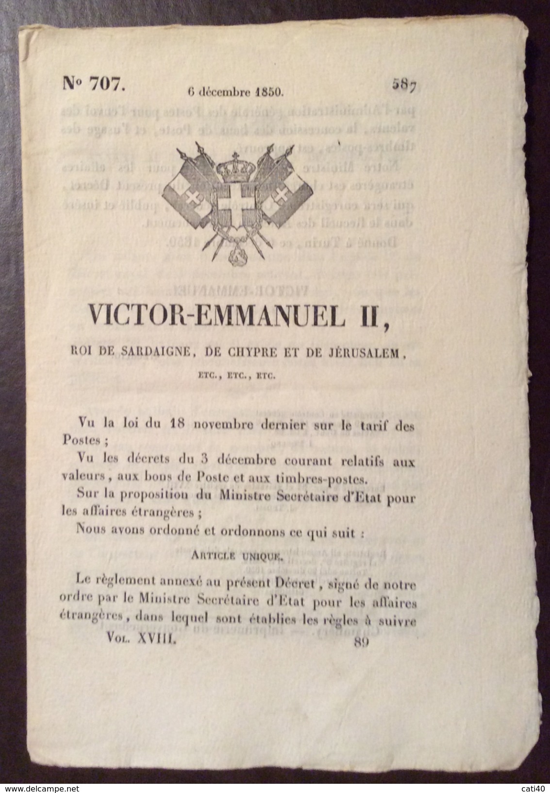 REGNO DI SARDEGNA  1850 DECRETO VITTORIO EMANUELE II SULLE POSTE IN FRANCESE STAMPATO TIP. CHAMBERY - Décrets & Lois