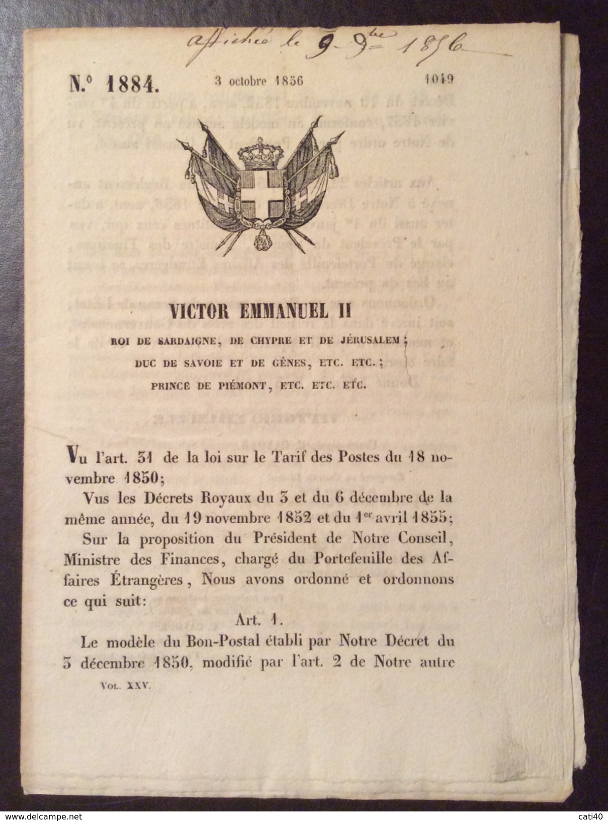 REGNO DI SARDEGNA  1856 DECRETO VITTORIO EMANUELE II SULLE POSTE IN FRANCESE STAMPATO TIP. CHAMBERY - Gesetze & Erlasse