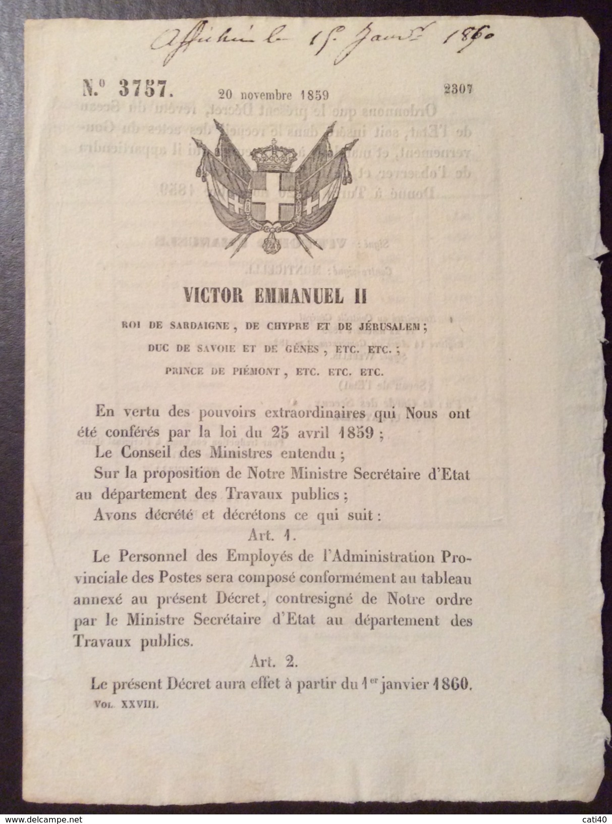 REGNO DI SARDEGNA  1859 DECRETO VITTORIO EMANUELE II SULLE POSTE IN FRANCESE STAMPATO TIP. CHAMBERY - Décrets & Lois