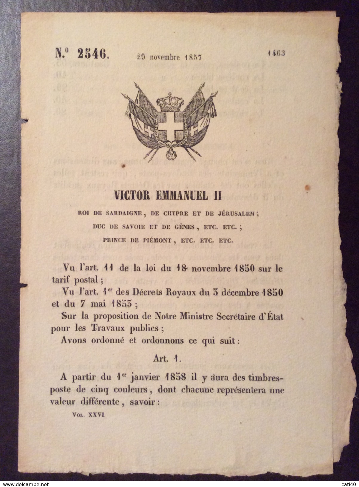 REGNO DI SARDEGNA  1857 DECRETO VITTORIO EMANUELE II SULLE POSTE IN FRANCESE STAMPATO TIP. CHAMBERY - Gesetze & Erlasse