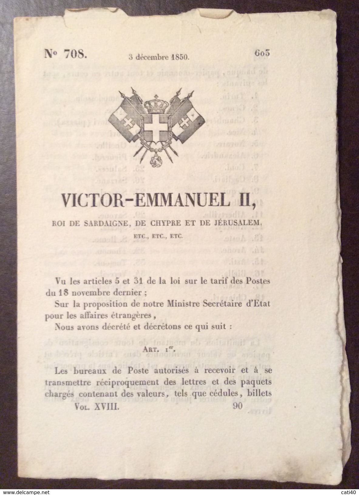 REGNO DI SARDEGNA  1850 DECRETO VITTORIO EMANUELE II SULLE POSTE IN FRANCESE STAMPATO TIP. CHAMBERY - Décrets & Lois