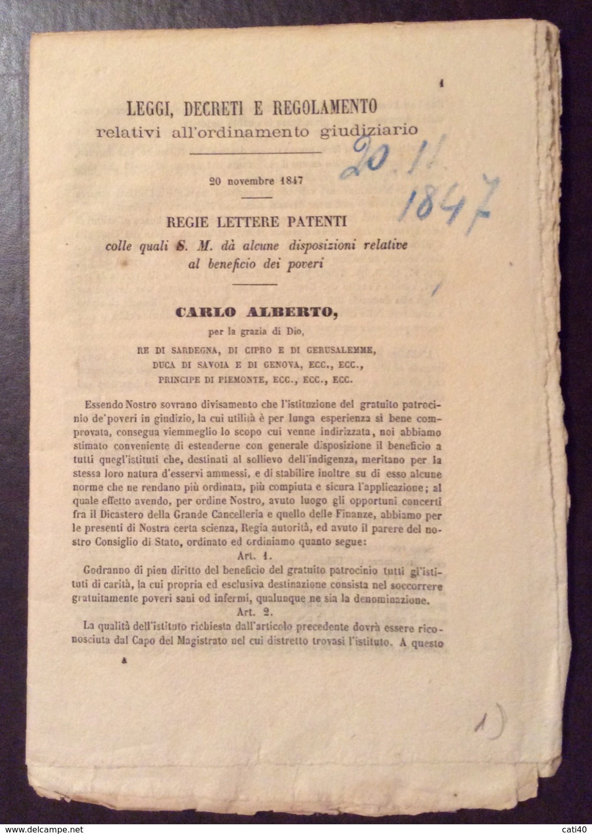 REGNO DI SARDEGNA  1847   DECRETO DI CARLO ALBERTO CON DISPOSIZIONI A BENEFICIO DEI POVERI... - Décrets & Lois