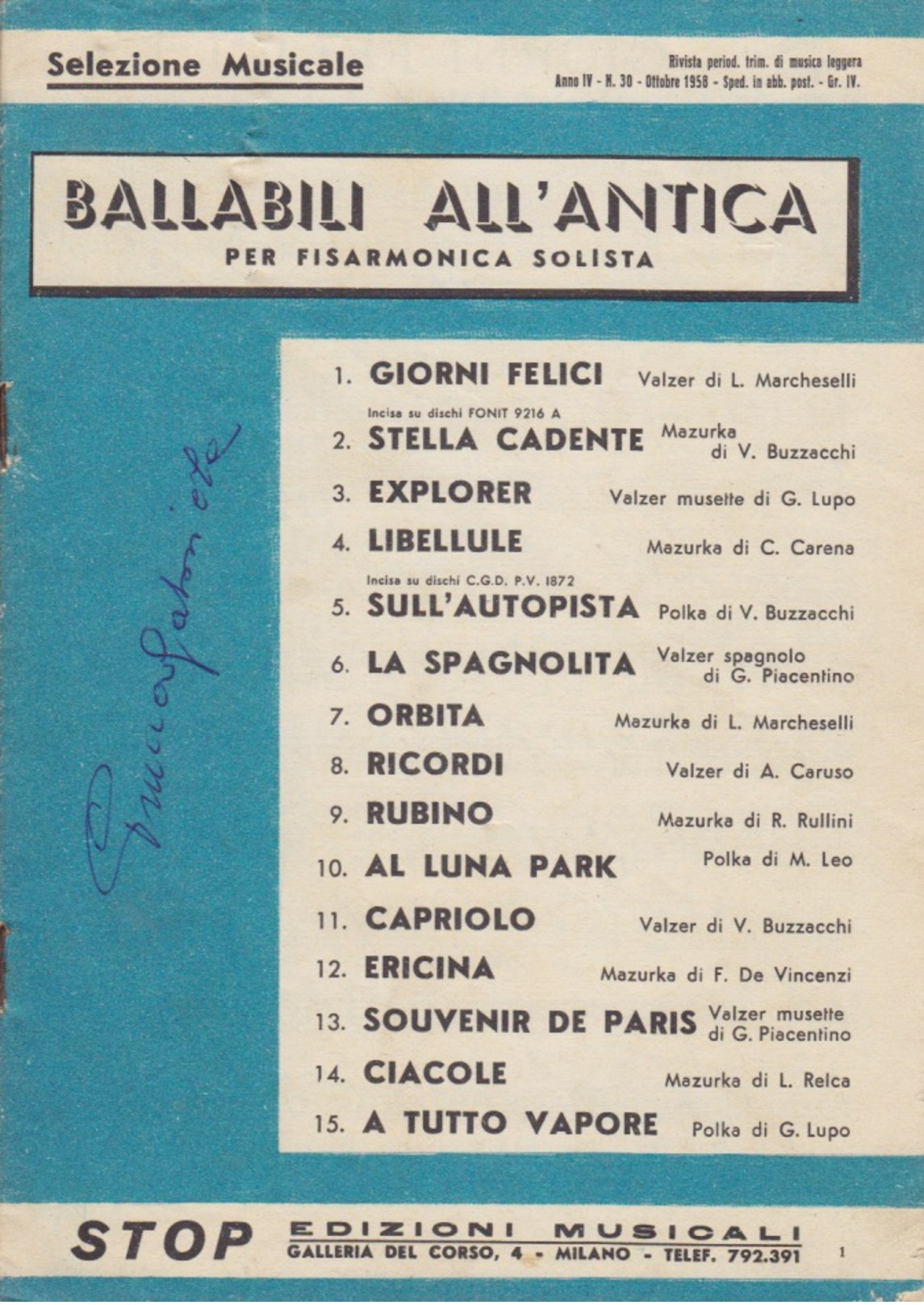 SPARTITO MUSICALE PER  FISARMONICA SOLISTA - 15 BALLABILI ALL'ANTICA - 17X24 - Scores & Partitions