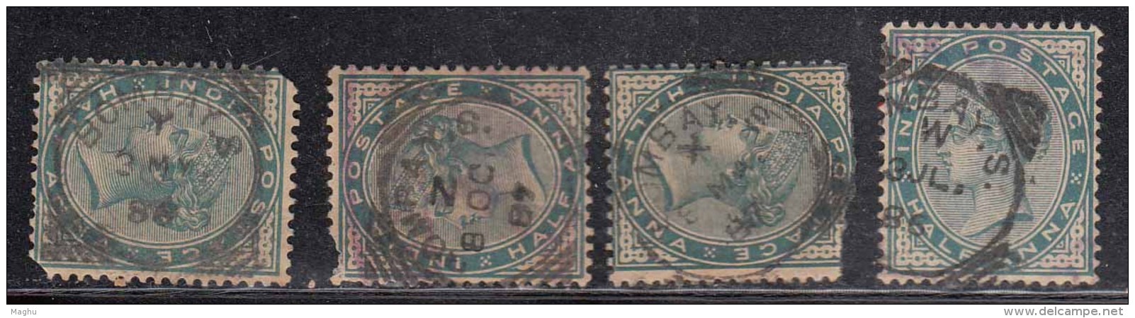 &frac12;a X 4  'BOMBAY',   X,Y, W, Etc., Postmark, QV Series British India Used, Early Indian Cancellations - 1882-1901 Empire