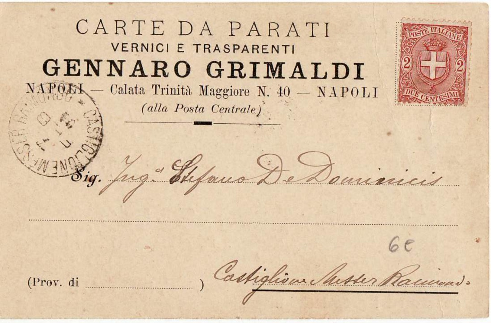 8405 NAPOLI GRIMALDI CARTE DA PARATI X CASTIGLIONE MESSER RAIMONDO - Storia Postale