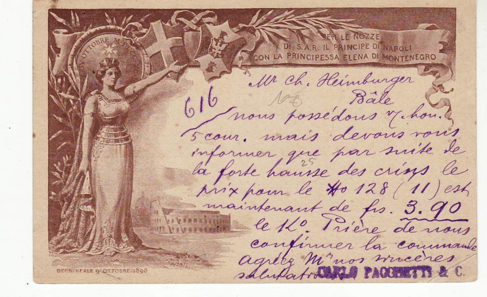 8417 MILANO X BALE - BASEL POSTMARK CARTOLINA NOZZE PRINCIPE NAPOLI ELENA MONTENEGRO - REALI 00 - Entiers Postaux