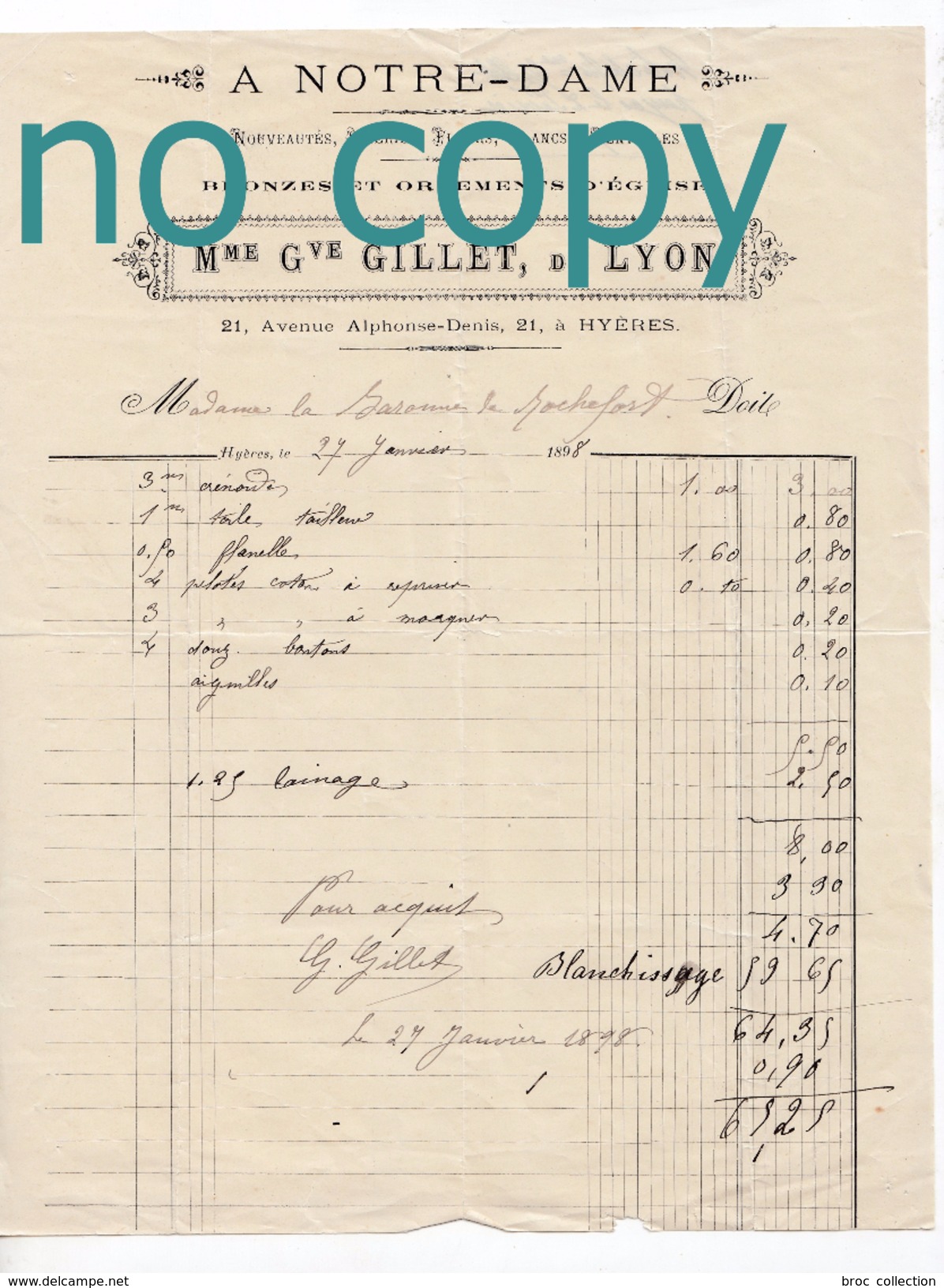Hyères, A Notre-Dame, Mme Gve Gillet, De Lyon, Soieries, Dentelles, Bronzes Et Ornements D'église, Facture 1898 - 1800 – 1899
