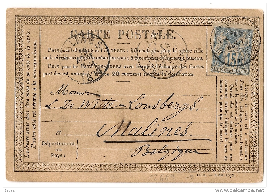 Sage 15c BLEU N° 90  SEUL Sur CARTE POSTALE Pour Malines. Belgique. 14 Aout 1878. PARIS R. D'ENGHIEN. - 1876-1898 Sage (Type II)