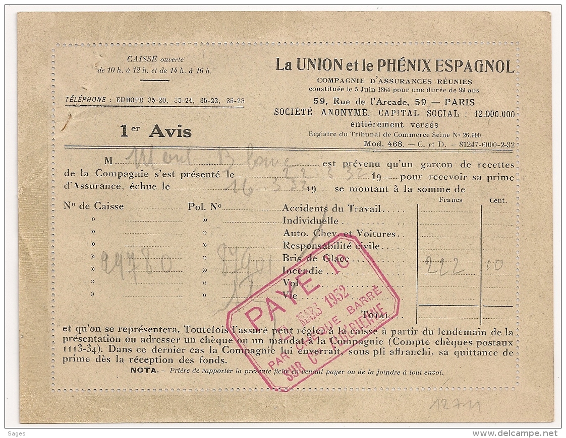LA UNION Et Le PHENIX ESPAGNOL. PARIS 1932. NEUF Et Non Affranchi. - Non Classés