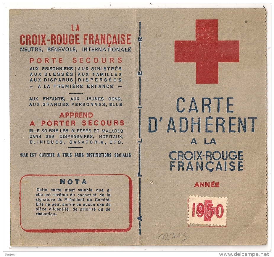 Carte D'Adhérent A La CROIX ROUGE FRANCAISE 1950. TARBES. Vignette 1F. - Cruz Roja