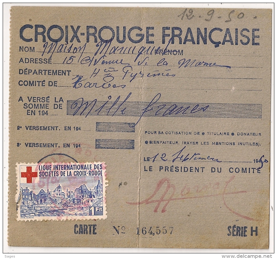 Carte D'Adhérent A La CROIX ROUGE FRANCAISE 1950. TARBES. Vignette 1F. - Cruz Roja