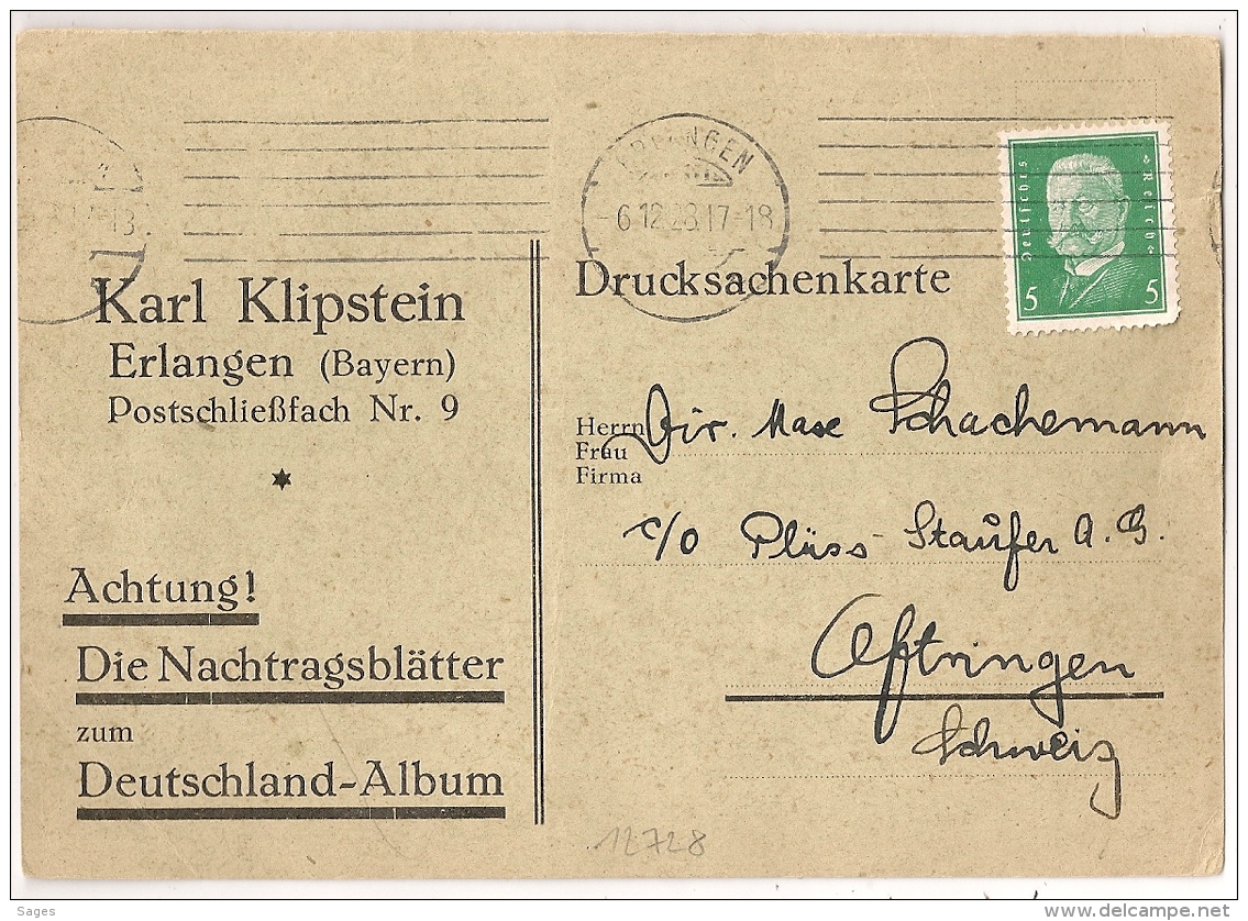 ERLANGEN POSTKARTE Karl Klispstein. 1928. - Lettres & Documents