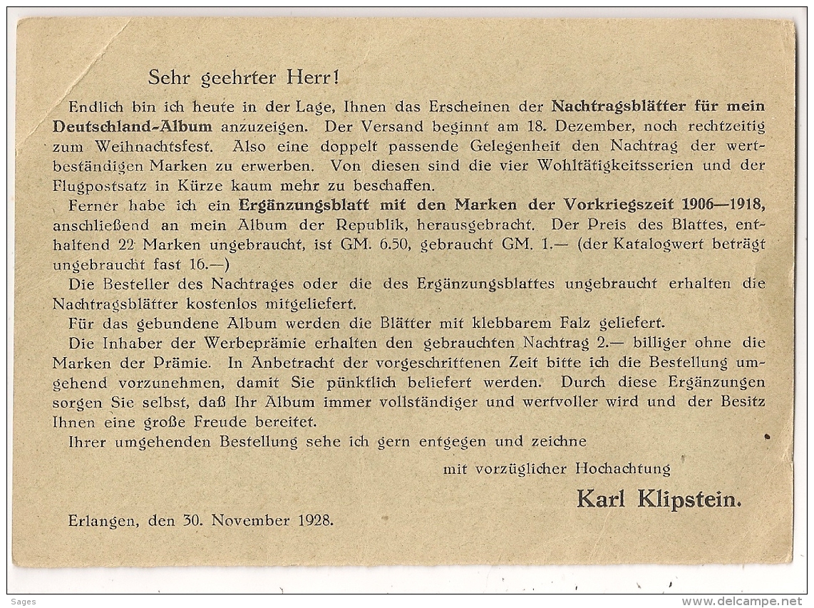 ERLANGEN POSTKARTE Karl Klispstein. 1928. - Lettres & Documents