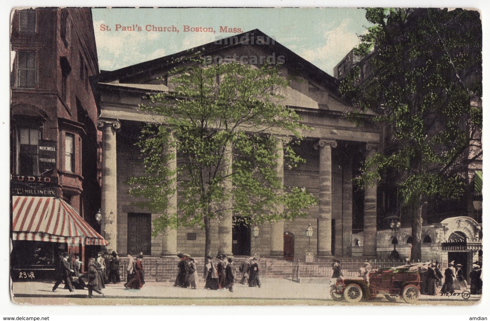 BOSTON MA, STREET SCENE OUTSIDE ST PAULS CHURCH - PEOPLE AND OLD AUTOMOBILE, C1900s Postcard - Boston