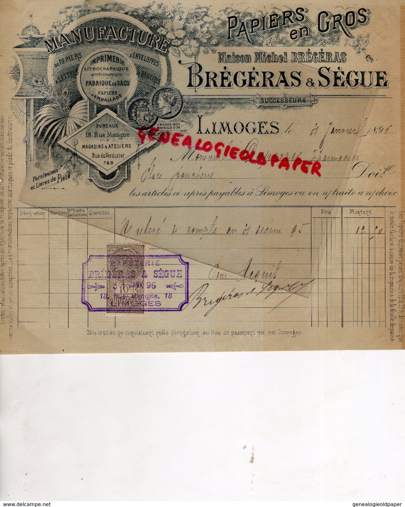 87 - LIMOGES - FACTURE -PAPETERIE- PAPIERS  MICHEL BREGERAS & SEGUE- IMPRIMERIE- 18 RUE MANIGNE RUE DU VERDURIER-1896 - Druck & Papierwaren