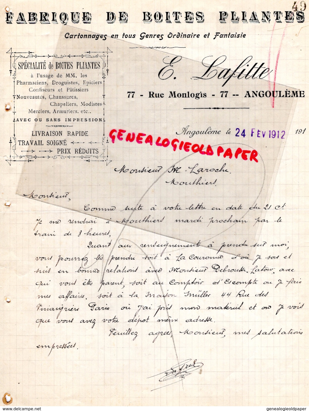 16 - ANGOULEME - FACTURE MANUSCRITE SIGNEE-E. LAFITTE-FABRIQUE BOITES PLIANTES-PAPETERIE IMPRIMERIE-77 RUE MONLOGIS-1912 - Petits Métiers